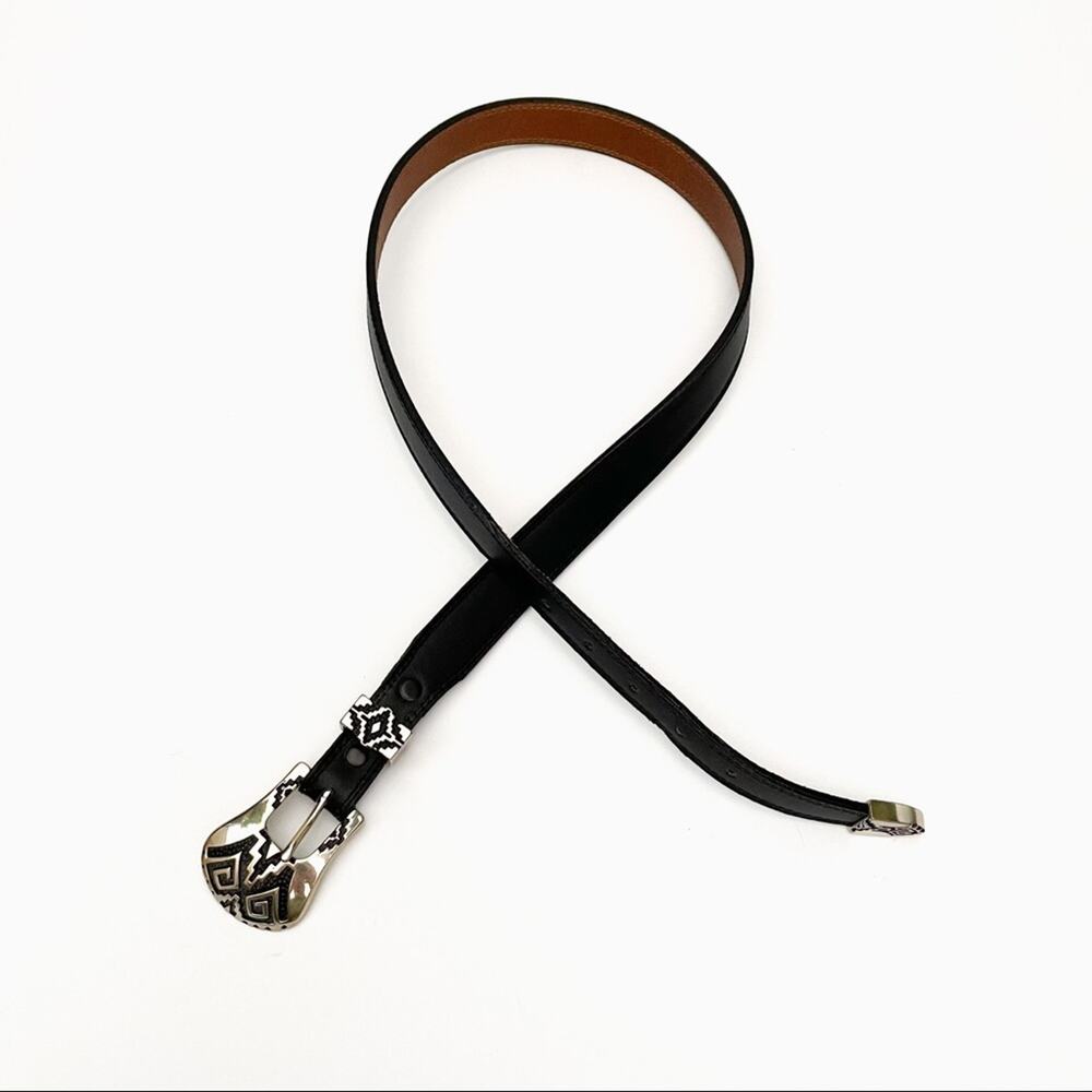 Nocona Belt Aztec Metal Buckle Black Skinny Genuine Leather Size 32